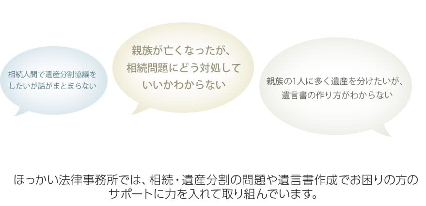 相続人間で遺産分割協議をしたいが話がまとまらない。親族が亡くなったが，遺産相続問題にどう対処していいかわからない。親族の１人に多く遺産を分けたいが，遺言書の作り方がわからない。ほっかい法律事務所では、遺産相続・遺産分割の問題や遺言書作成でお困りの方のサポートに力を入れて取り組んでいます。