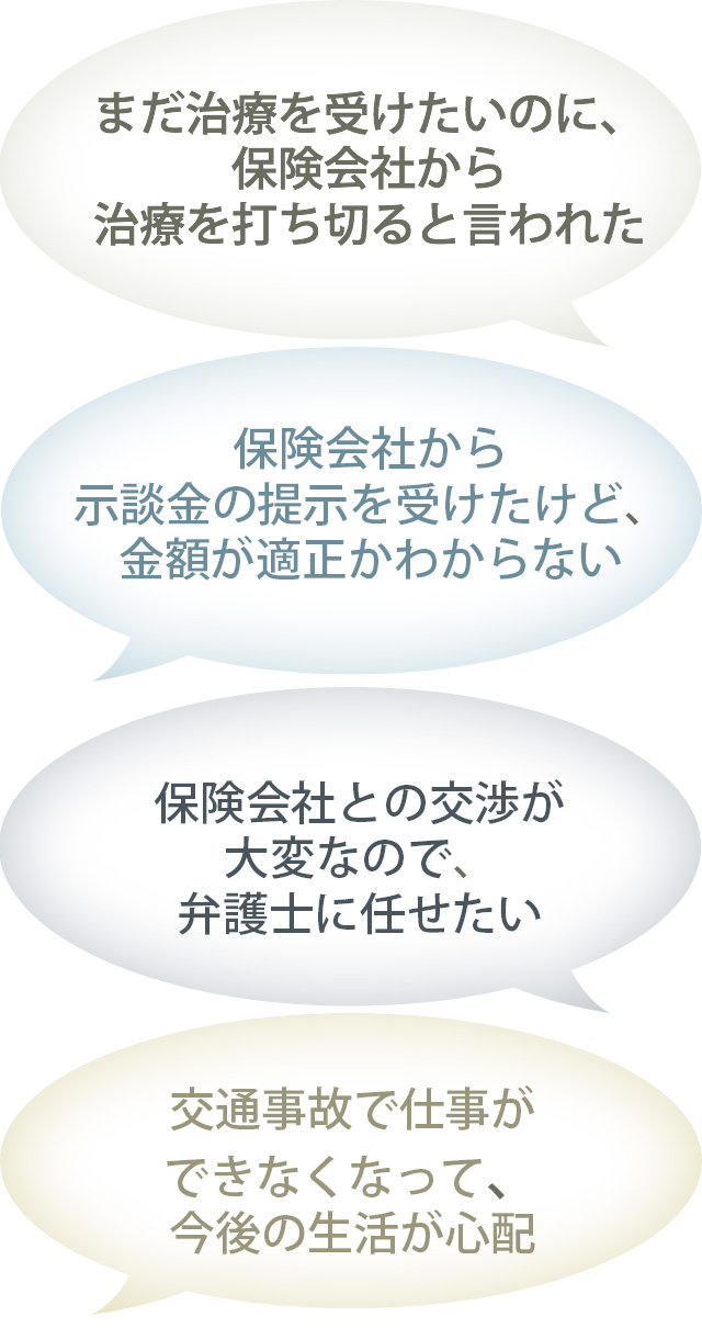 保険会社から示談金の提示を受けたけど，金額が適正かわからない。交通事故で仕事ができなくなって，今後の生活が心配。保険会社との交渉が大変なので弁護士に任せたい。まだ治療を受けたいのに，保険会社から治療を打ち切ると言われた。