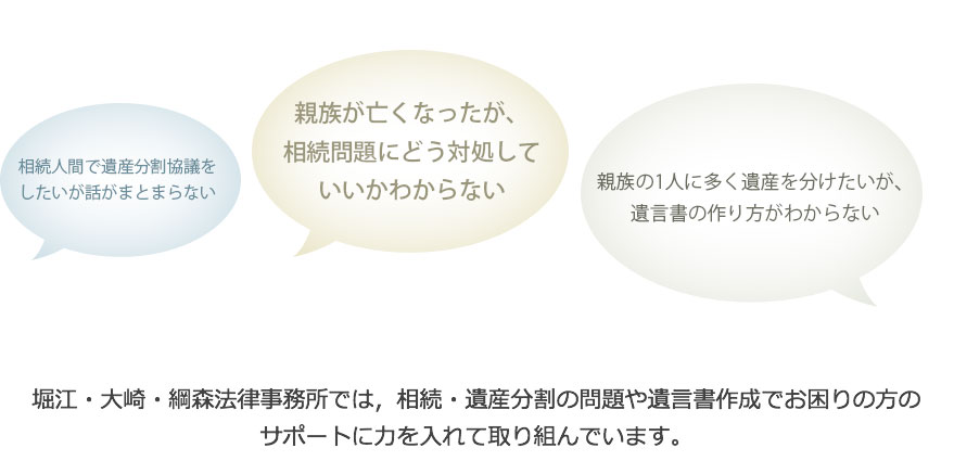 相続人間で遺産分割協議をしたいが話がまとまらない。親族が亡くなったが，遺産相続問題にどう対処していいかわからない。親族の１人に多く遺産を分けたいが，遺言書の作り方がわからない。堀江・大崎・綱森法律事務所では、遺産相続・遺産分割の問題や遺言書作成でお困りの方のサポートに力を入れて取り組んでいます。